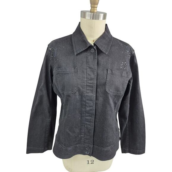Chico's 3 Platinum Cotton Black Denim Jacket Sequins/Embroidery XL NWOT - Picture 1 of 5